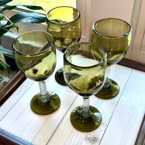 Set of 4 Mexican Hand Blown Green Glass Goblets with Bubble Stems